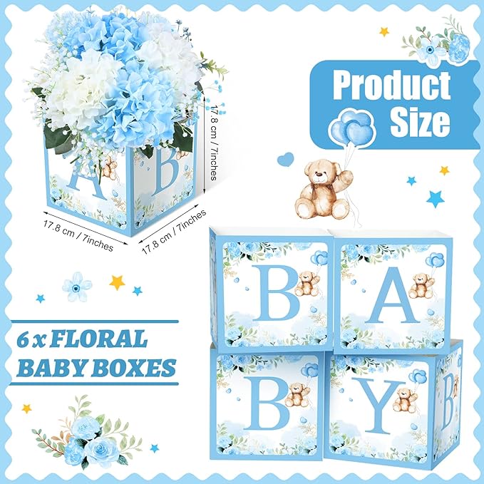 Bucherry 6 Pcs Baby Shower Centerpieces with Letters, 7" Baby Blocks Flower Boxes for Table Decorations, Gender Reveal Party Supplies & Photo Props(Blue,Blue Bear)