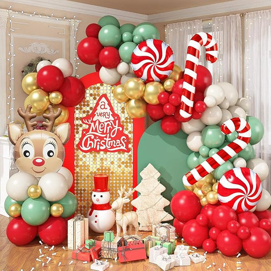 142PCS Christmas Balloon Arch Kit, Red Sage Green Beige Cream White and Metallic Gold Xmas Balloon Garland Set with Candy Cane Elk Foil Balloons for New Year Decor Holiday Birthday Party Decorations