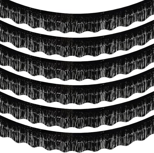 LOLStar 6 Pack Black Tinsel Foil Fringe Garland Birthday Party Decorations, 59Ft Tinsel Streamers Banner, Glitter Photo Booth Prop Table Skirt for Bachelorette Halloween New Year Party Decor