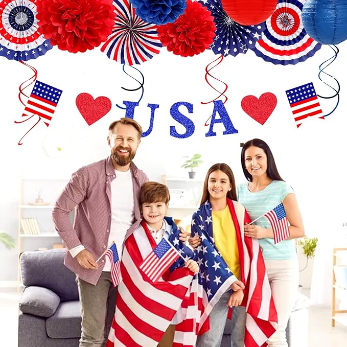 Red-White Blue Memorial-Day Patriotic Decorations - 21pcs 4th Fourth of July Americana Banner Garland,Independence Party Decor Paper Streamers Lanterns,Flower Tissue Pom Poms Fan Supplies Huglony