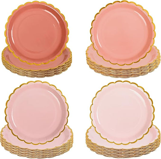 AimFun 48 Pcs Dusty Pink Scalloped Party Plates Valentines Day Gold Foil Border Paper Plates Disposable 9 Inch Gradient Serving Plates for Birthday Wedding Bridal Baby Shower Party Supplies