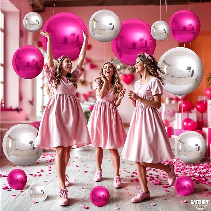 KatchOn, Hot Pink and Silver Balloons - 22 Inch Pack of 14 | Silver and Hot Pink Foil Balloons for Valentines Decorations | Galentines Day Decorations | Bridal Shower and Birthday Decoration for Women