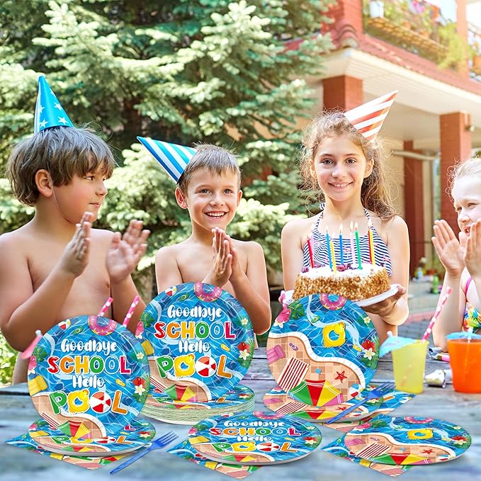 Qyeahkj 100 Pcs Pool Party Decoration for Goodbye School Hello Pool Paper Plate Napkin End of School Year Dinnerware Table Supplies Summer Vacation Graduation Birthday Party Tableware Decor Serves 25
