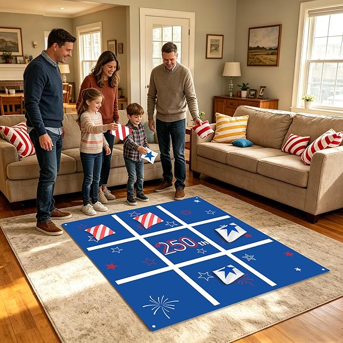 Independence Day Party Favors Tic Tac Toe Bean Bag Game,250th Anniversary Bean Bag Toss Across for Indoor Outdoor Yard Background Lawn Adults Family Night Activities 10 Bean Bags
