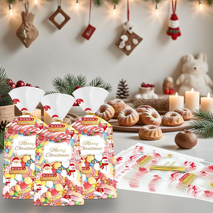50 Pcs Christmas Treat Bags - Merry Christmas Gift Bags Bulk, Plastic Santa Claus Snowman Christma Cellophane Cello Candy Cookie Goodie Bag with Twist Ties for Winter Xmas Christmass Party Favors