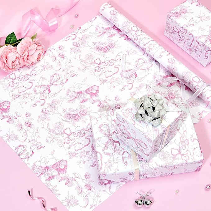 WERNNSAI Pink Bow Floral Wrapping Paper - 1 Roll 17”x 33 ft Vintage Flower Gift Wrap Paper Pink Bow Princess Gift Packing for Girls Bridal Shower Wedding Coquette Birthday Party Favor
