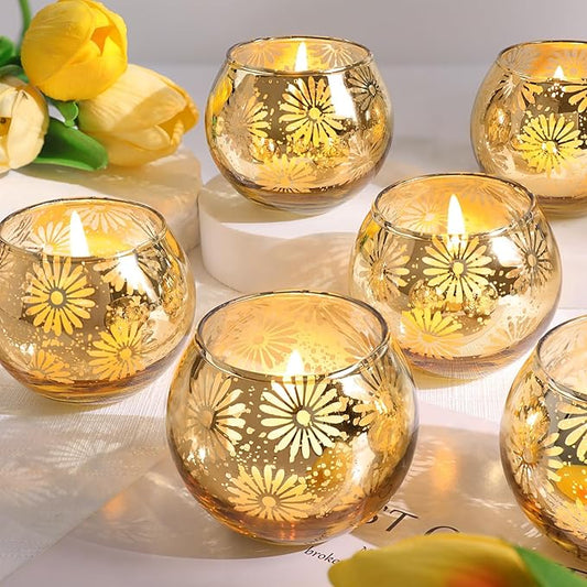 Gold Mercury Glass Votive Candle Holders Set of 12, Round Tealight Candle Holders Bulk for Table Centerpieces, Weddings, Shower Gifts, Christmas, Halloween Party Decorations