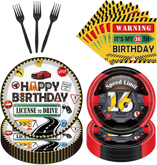License 16th Birthday Decorations for Boys Tableware, 96pcs Drivers License Disposable Paper Plates and Napkins Happy Bday Decoration Car Themed Road Forks Party Decor, Serve for 24
