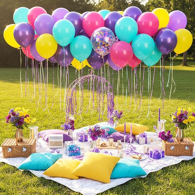 RUBFAC Pink and Purple Balloon Bithday Balloons, 65pcs 12 Inches Purple Metallic Teal Yellow Confetti Party Balloons for Magic Hunters Theme Birthday Baby Shower Decoration