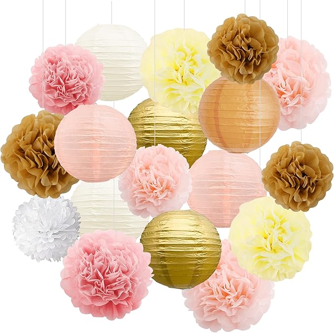 BEISHIDA Champagne White Tissue Hanging Paper Flowers Lanterns Party Decorations Set for Birthday Graduation Baby Shower Bridal Bachelorette Wedding Photo Booth Backdrops Party Supplies(18 Packs)