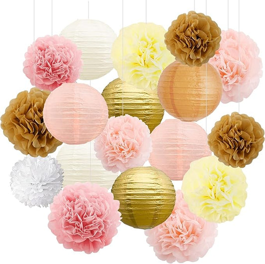 BEISHIDA Champagne White Tissue Hanging Paper Flowers Lanterns Party Decorations Set for Birthday Graduation Baby Shower Bridal Bachelorette Wedding Photo Booth Backdrops Party Supplies(18 Packs)
