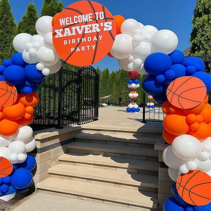 Blue and Orange Balloon Arch Garland Kit, 121PCS Dark Royal Blue and Orange White Balloons with Spikes Balloon for College High School Class of 2026 Graduation Birthday Basketball Party Decorations