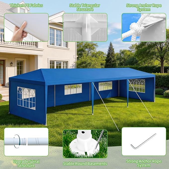 10' x 30' Outdoor Canopy Tents with 5 Detachable Sidewalls, Blue Patio Gazebo Tents, Shade Shelters for Birthday, Events, Party, Wedding, Gatherings and Patio