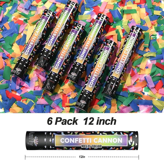 Anfly Confetti Poppers (6 Pack 12 Inch) - Multicolor Confetti Cannons for Wedding Celebration, Party Poppers Confetti Shooters for Birthday, Graduation, Christmas, New Year's Eve