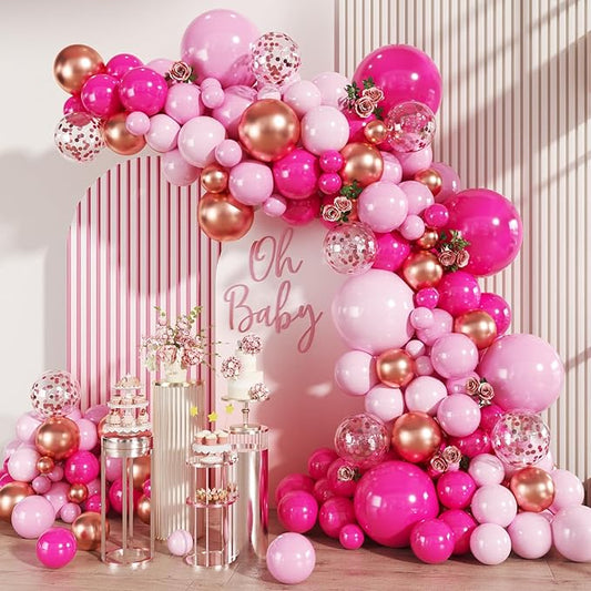 MEBAY Pink and Rose Gold Balloon Garland Arch Kit, 147Pcs Hot Pastel Pink Metallic Rose Gold Balloons with Confetti for Bridal Baby Shower Birthday Princess Wedding Mother's Day