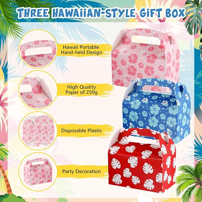 Marspark 12 Pack Hawaiian Themed Cartoon Birthday Party Supplies, Paper Gift Boxes, Cartoon Candy Treat Boxes for Birthday Party Decorations(Flower Pattern)