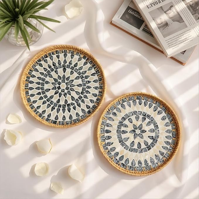 Round Rattan Tray with Mother of Pearl Inlay, Handwoven Wicker Fruit/Bread/Coffee Table Serving Basket Tray for Party Picnic Cafe Bedroom Kitchen Home Decor Set of 2 (Black Drop)