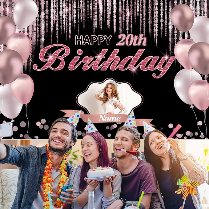 Custom Rose Gold Happy Birthday Banner, Personalized Pink Birthday Banner for Women