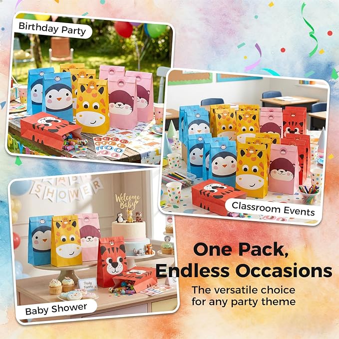 VGOODALL 24 Pack Party Favor Bags with Stickers, 4.7"x 3.1"x 8.7" Animal Paper Treat Bags for Kids Birthdays Classroom Rewards Goodie Gift Supplies