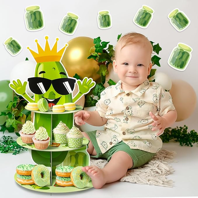 Haooryx Pickle Party Cake Stand - 3 Tier Green Cucumber Cupcake Tower Cardboard Dessert Table Holder Pastry Platter Kid Pickle Birthday Decorations Summer Baby Shower Cake Pop Display Stand Decorating