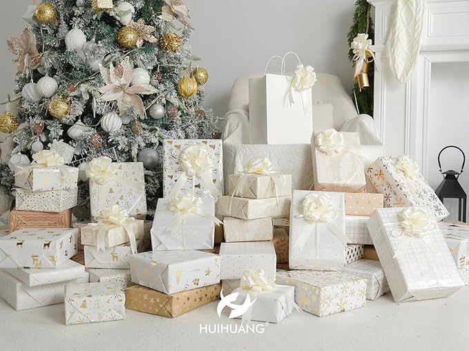 HUIHUANG Ivory Bows for Gift Wrapping 4"x 8" Ivory Satin Pull Bows 12 PCS Gift Bow for Presents, Gift Basket, Paper Bag, Wrapping Accessories, Birthday Wedding Party, Christmas Decor