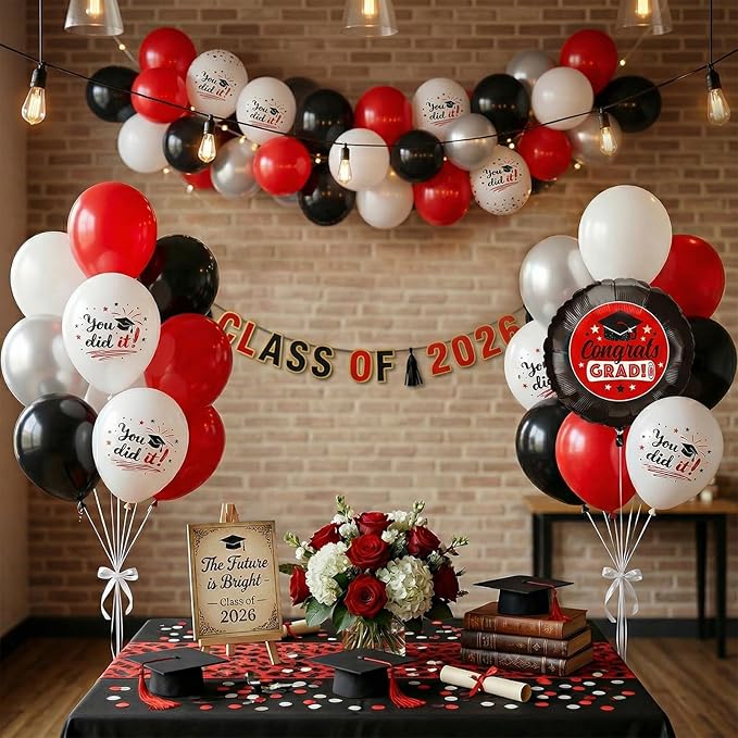 Red Black Silver Graduation Balloons, 60pcs Red Silver Black White Printed Balloons, Congrats Grad Foil Balloon for Graduation 2026 Decorations Celebration Anniversary Party Supplies