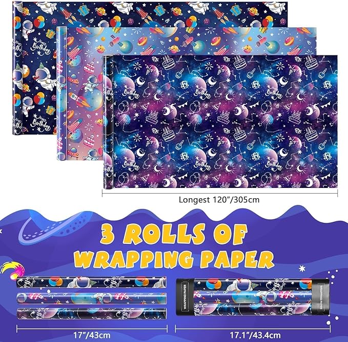 WERNNSAI Space Wrapping Paper Rolls - 3 Short Rolls Blue Galaxy Birthday Wrap Paper for Kids Boy Birthday Party Gift Packing Supply Decoration Favor with Cut Lines 17 in x 10 ft