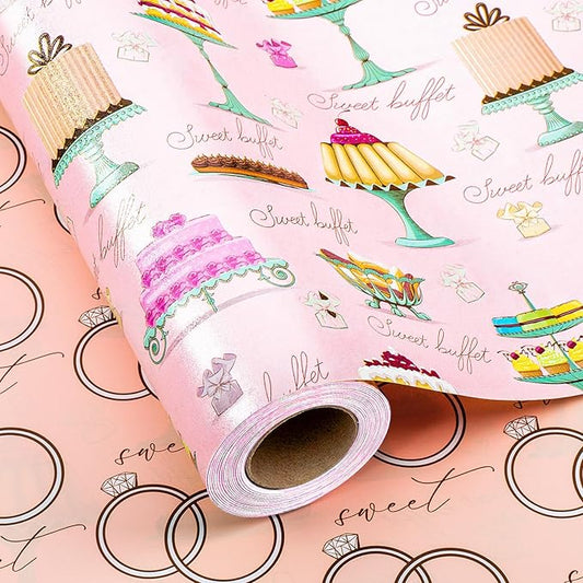 MAYPLUSS Wedding Wrapping Paper, Pink Gift Wrapping Paper, Blush Bridal Cakes Gift Wrap on Pink Pearl Paper, Reversible Diamond Ring Gift Wrap for Engagement, Birthday Celebration (17 Inch X 33 Feet)