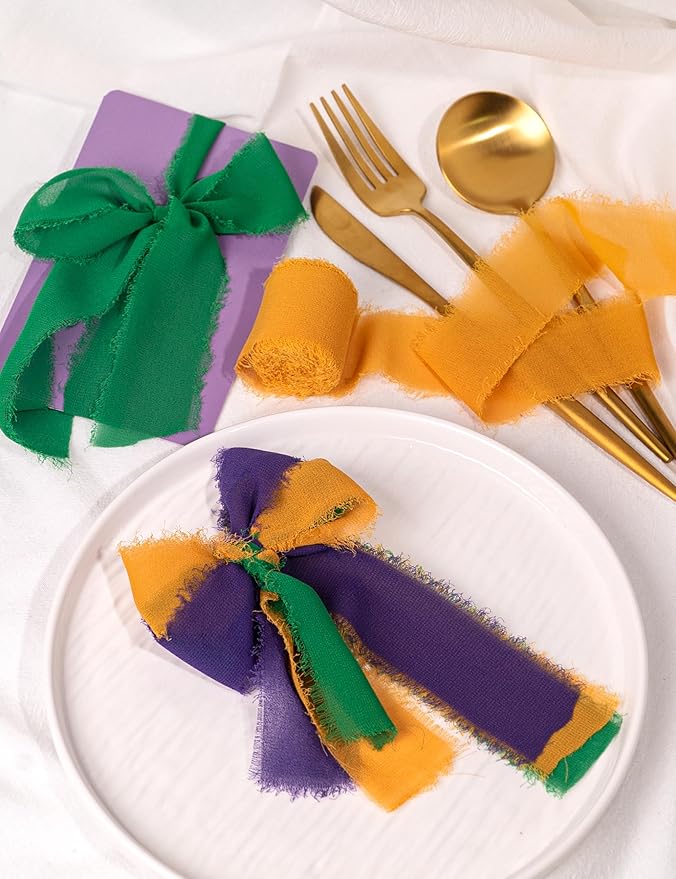 Chiffon Ribbon, Mardi Gras Party Decorations, 1.5''x21Yd Purple Green Yellow Frayed Fringe Silk Ribbon for Gift Wrapping, Floral Vase Decoration, Birthday, Engagement, Bridal Shower, 3 Rolls