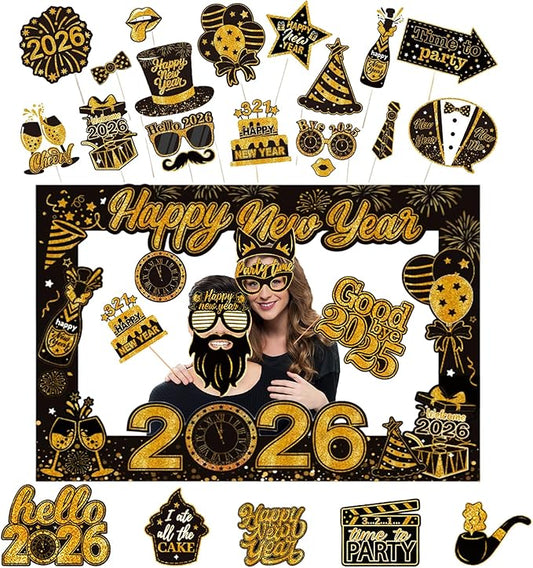 31pcs New Years Photo Booth Props 2026 with Photo Frame Photo Booth Props Set Black Gold Frame Glitter Selfie Happy Year Party Decor for Graduation Glasses Decorations