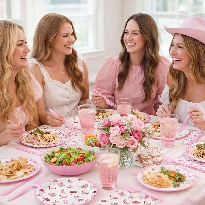 AmazingSpark 122 Pcs Pink Cowgirl Birthday Party Supplies Western Cowgirl Plates Napkins and Fork Disposable Bowknot Rodeo Tableware Set for Girls Baby Shower Wedding Bachelorette Decoration, Serve 24