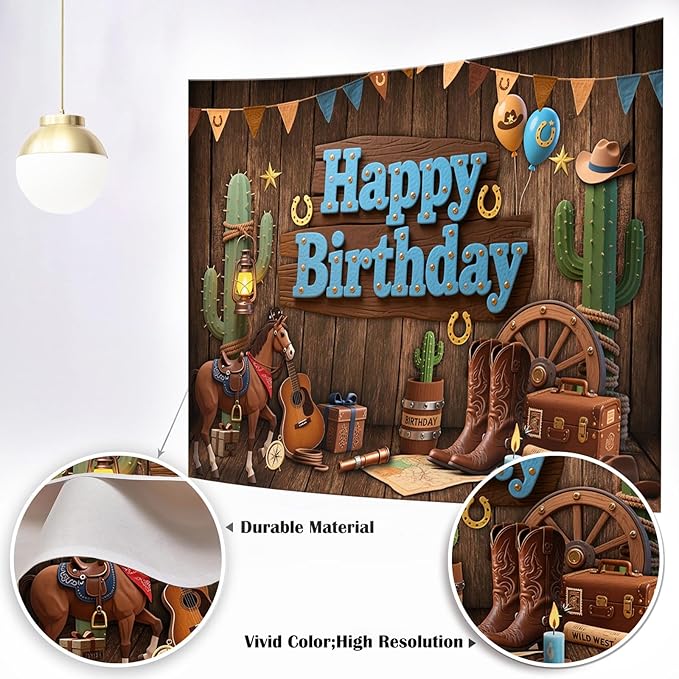 Mocsicka Western Cowboy Birthday Backdrop Wild West Happy Brithday Party Decorations Banner for Boys Western Themed Party Photography Bakground Supplies (Brown, 7x5ft(82"x60"))