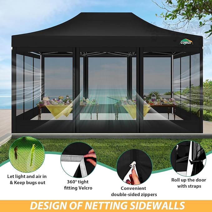 COBIZI 10x15 Canopy Tent with 4 Sidewalls,Heavy Duty Pop up Canopy with Mosquito Netting,Easy up Screen Tent for Parties Wedding Patio with Handbag,Black