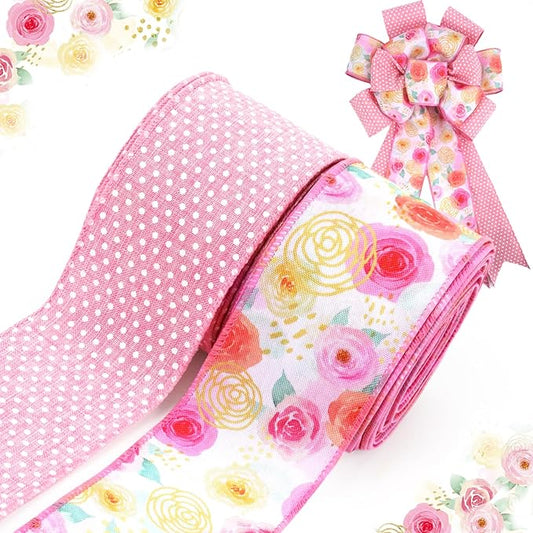 LaRibbons Pink Floral Ribbon Wired 2 Rolls 2.5 Inch x 20 Yards TTL, Rose Flower and Polka Dot Burlap Ribbon for Spring Summer Mothers Day Crafts Gift Wrapping Wreath Bow Decoration