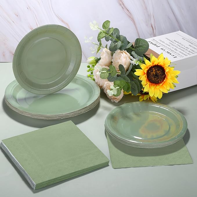 Ruisita 48 Pieces Sage Green Party Supplies Solid Sage Green Tableware Including 7 Inch and 9 Inch Paper Dinner Plates 2 Ply Napkins for Wedding, Birthday Party, Picnic, Barbecue (Serves 16)
