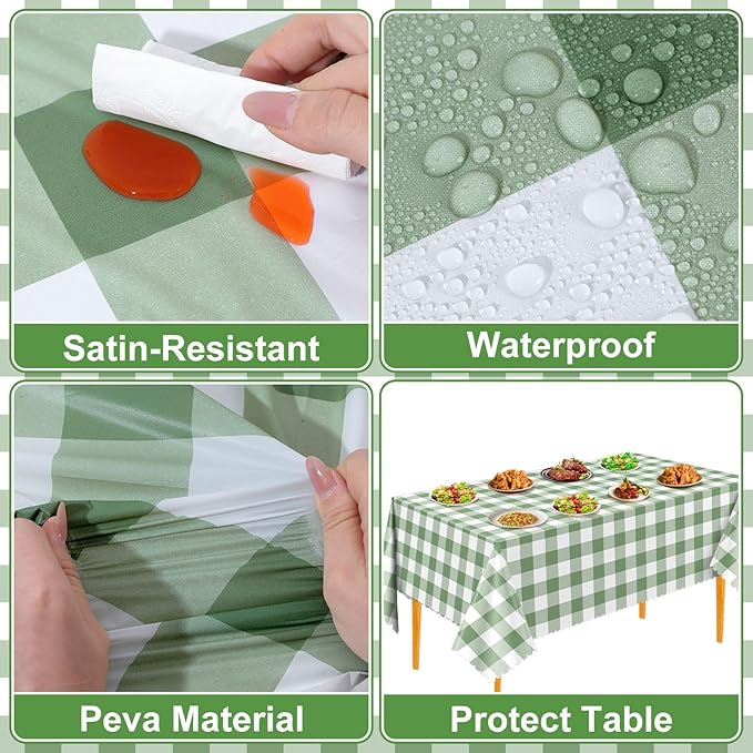 3 Pack Sage Green Gingham Tablecloths, 54 X 108Inch Scalloped Green and White Checkered Tablecloth Disposable Party Table Cover for Baby & Bridal Shower Picnic Camping Birthday Barbecue Wedding Party