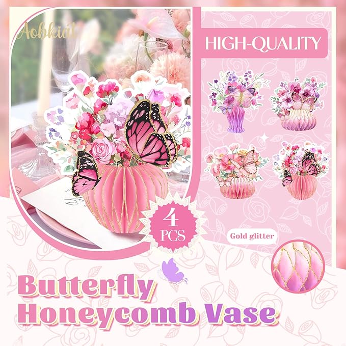 AOBKIAT Women Birthday Decorations Party Centerpieces,Large Size Table Centerpieces with Glitter Edge,Pink Purple Cardboard Honeycomb Base for Mother Day,Baby/Bridal Shower,Wedding,Gradient Vase