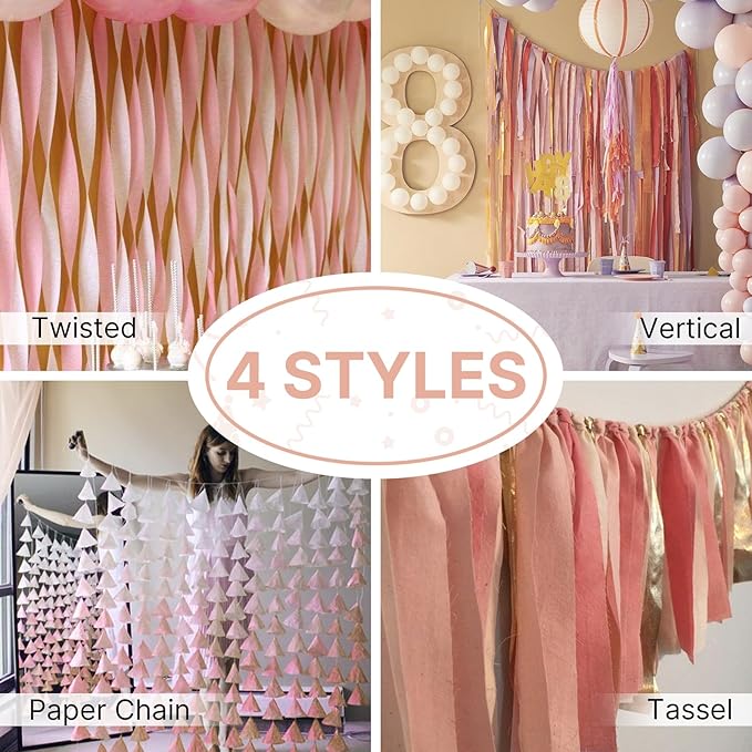 PartyWoo Pink and Gold Crepe Paper Streamers 8pcs 656ft Pack of Baby Dusty Pink Gold Ivory White Crepe Paper Streamers for Birthday Baby Shower Graduation Wedding Bachelorette Party Decorations