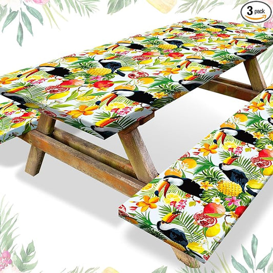Boao 3 Pcs Vinyl Picnic Table Cover with Bench Cover 6 ft 30 x 72 Inch Waterproof Fitted Tablecloth Flannel Backing Rectangular Elastic Edged for Camping Outdoor Patio Travel(Toucan)