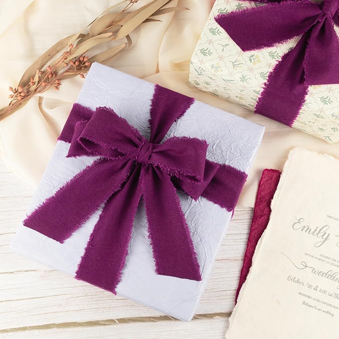 Grape Wine Cotton Ribbon 1-1/2 Inch Grape Wine 3 Rolls 21 Yards Frayed Edge Fabric Set for Wedding Decor, Anniversary Celebration, Bridal Bouquet Wrap, Gift Wrapping & Fall Wedding