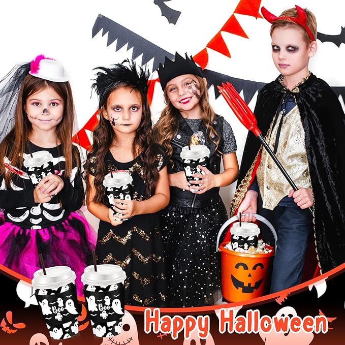 Pickmesh 50 Set 12oz Halloween Disposable Coffee Cups with Lids and Sleeves Straws, Ghost Boo Bat Paper Cups for Cold Hot Cocoa Drink Halloween Party Supplies