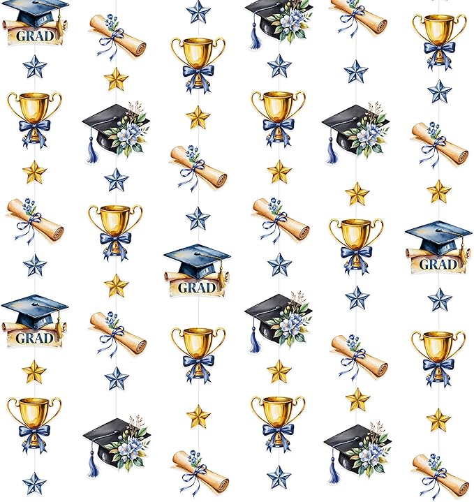 Blue Gold Graduation Party Hanging Streamer Floral Navy Gold Star Grad Cap Garland Banner for Congrats Grad You Did It Class of 2026 We are So Proud of You Themed Graduation Party Decorations Supplies