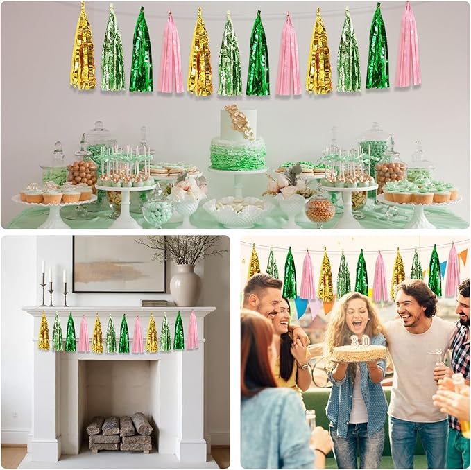 BEISHIDA 3 Packs Green Gold Pink Metallic Foil Fringe Tassel Garland Banner Streamers for Birthday Wedding St. Patrick's Day Bridal/Baby Shower Engagement Bachelorette Mother's Day Party Decoration