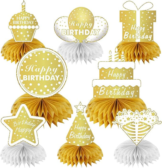 Uiorgui Happy Birthday Table Decorations, 8Pcs White Gold Birthday Decorations for Women Men Table Centerpieces for Birthday Party 16th 18th 21st 30th 40th 50th 60th Birthday Table Sign Toppers Decor