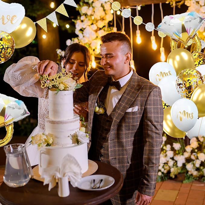 BANBALLON Engagement Party Decorations Gold and White Banner Balloons Cake Toppers Mrs and Mr Balloons Decorations for Engagement Theme Party Wedding Bridal Party Decorations Supplies (Style 01)