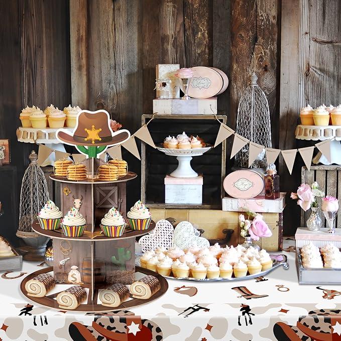 Haooryx Western Cowboy Cupcake Stand - 3 Tier Wild West Wooden House Barn Door Cupcake Tower Cardboard Dessert Holder Pastry Platter for Western Cowboy Theme Birthday Party Baby Shower Table Supplies