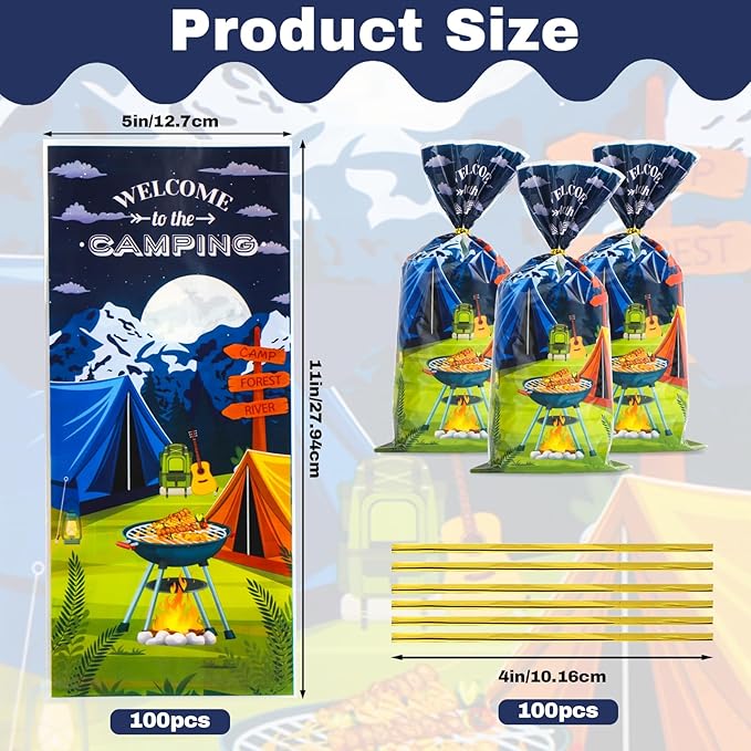 Docvania Camping Cello Cellophane Treat Gift Bags Camp out Cookie Bags 100 pcs 5 X 11 Camp Goodie Bag with Ties for Camping, party decorations and festivals