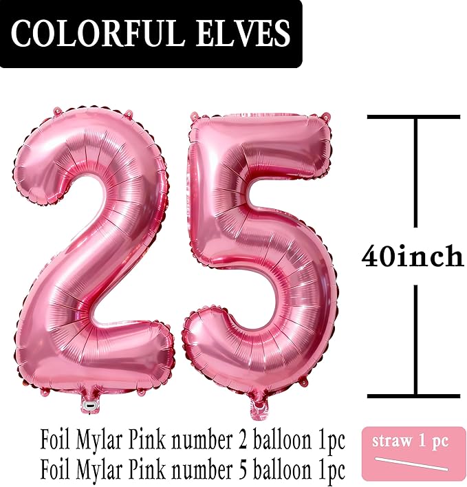 Pink Number 25 Balloons 40 Inch Giant Pink 25 Foil Mylar Balloons for 25th Birthday Anniversary Events Party Decorations