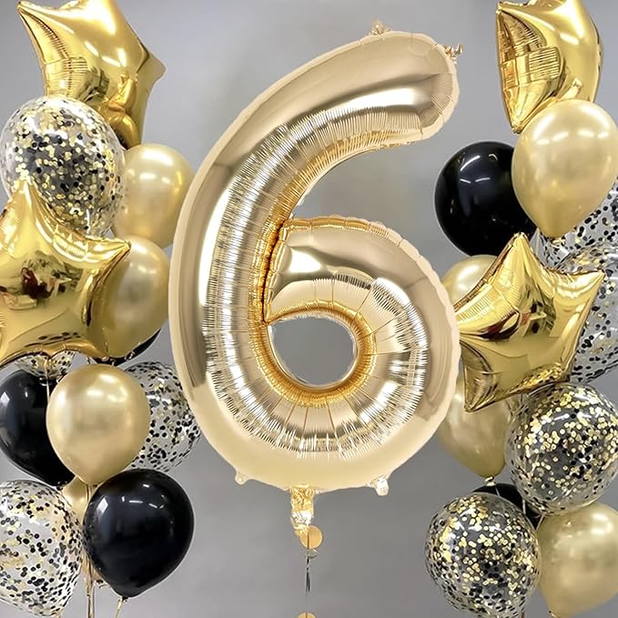 Champagne Gold Large Number 6 Balloon, 40 Inch Light Gold Foil Helium Number Balloons, Giant Mylar Number 6 Balloons for 6 Years Old Birthday Party Anniversary Decorations