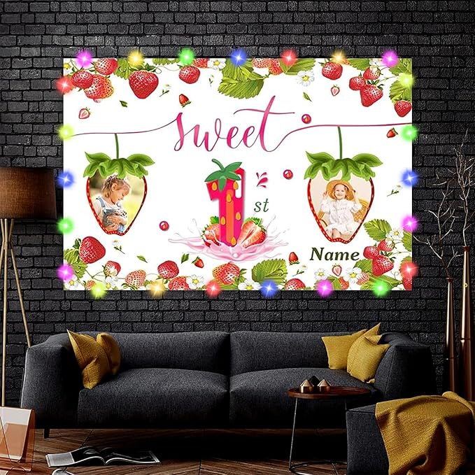 Dicodes Custom Strawberry Theme Birthday Banner - Personalized Fabric Banner for Birthday Decorations